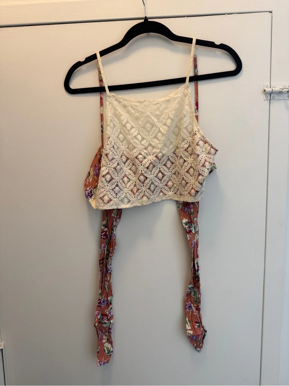 Free People Cream Lace Layered Crop Top with Floral Ties